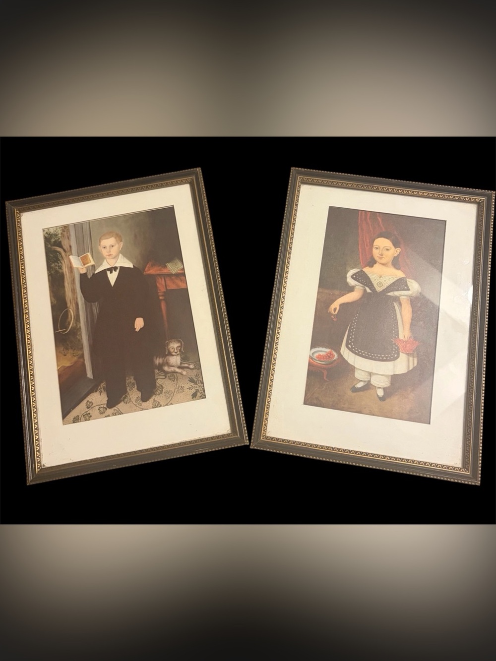 Pair of blk&gold framed FOLK ART PRIMITIVE Portraits - reproduction prints - EUC